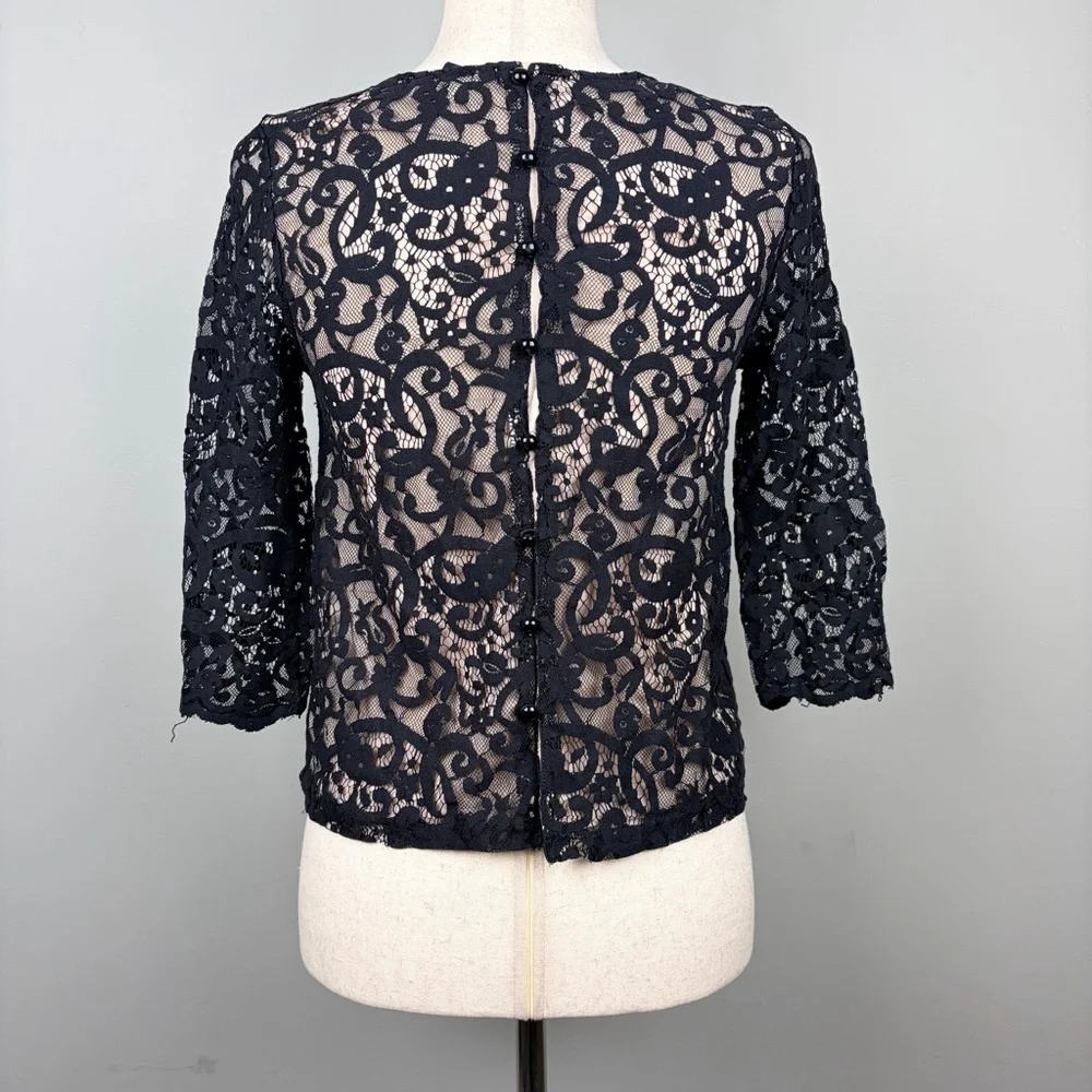 H&M Black Lace Sheer‎ Blouse 3/4 Sleeve Button Back XS